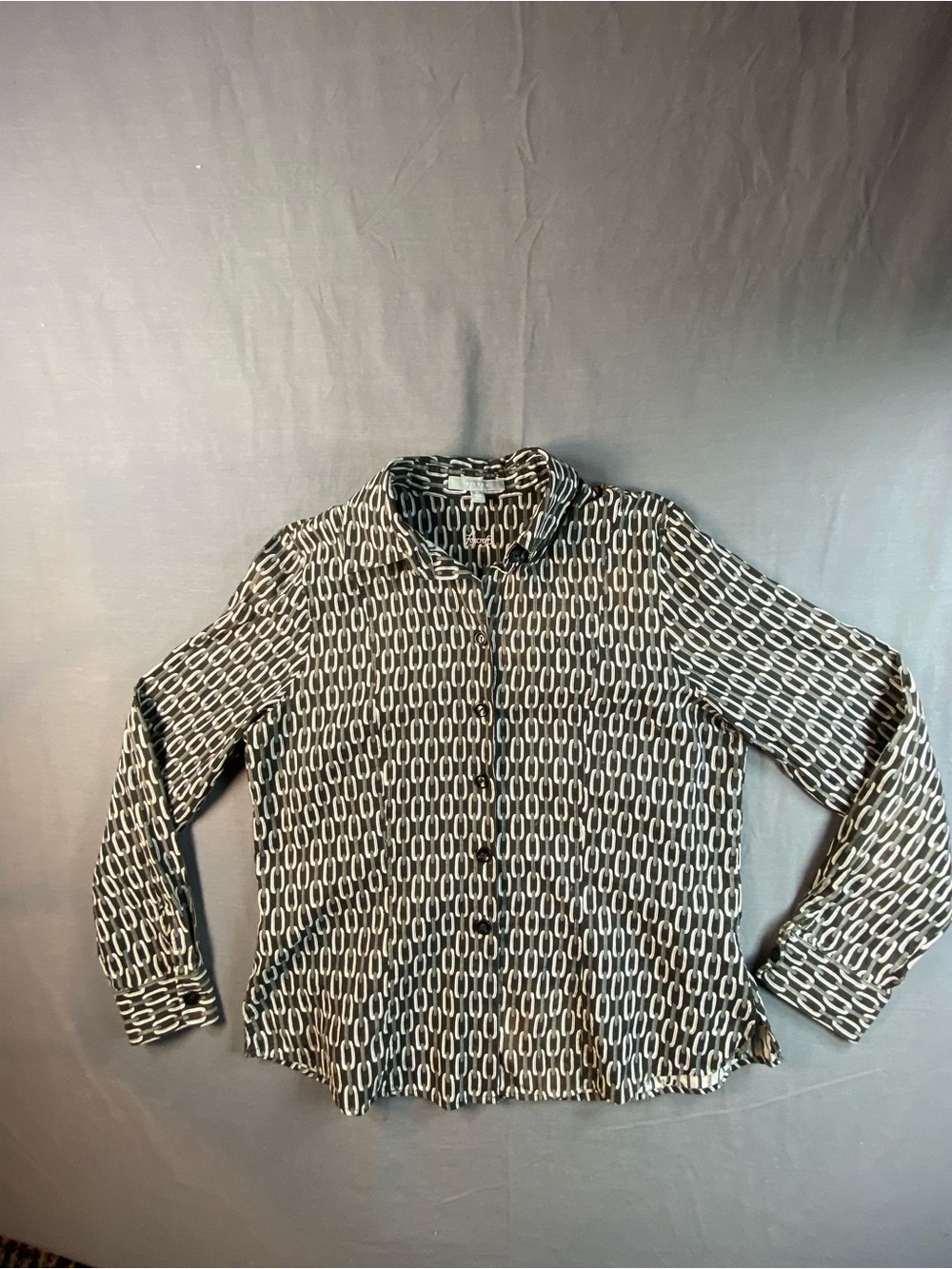 Foxcroft Black and White Geometric Button-Down Blouse